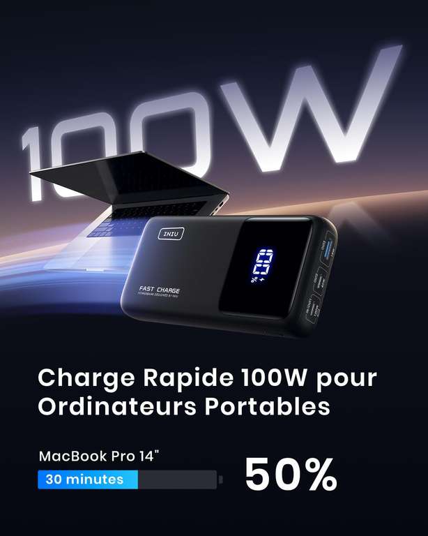 Batterie Externe INIU 25000 mAh - Charge Rapide 100W (vendeur tiers - via coupon)