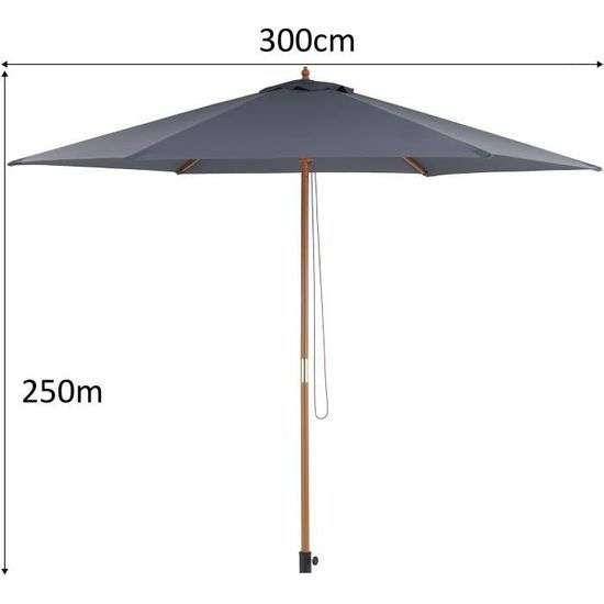 Parasol droit diamètre 3m - Mât bois rond et polyester 180g/m², Gris (+14.99€ sur le compte CDAV)