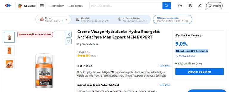 Lot de 2 Crème Visage Hydratante Hydra Energetic Anti-Fatigue Men Expert (via 12,36€ sur la carte) - Taverny (95)
