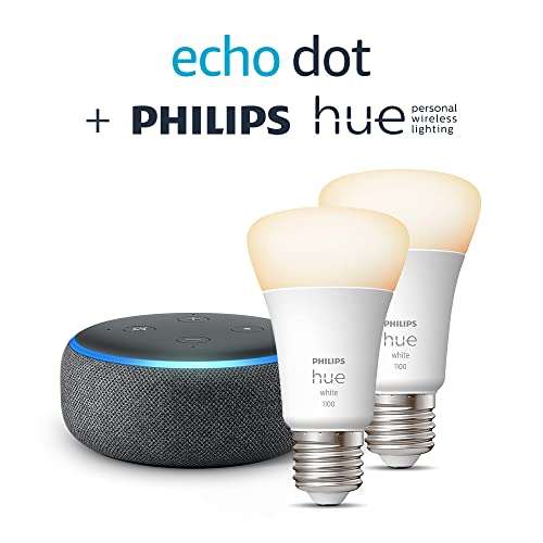 Echo Dot (3ème génération), Tissu anthracite + 2 Philips Hue White ampoule connectée (E27)