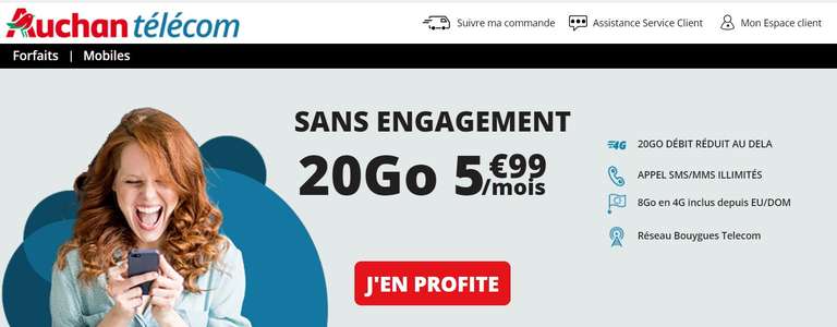 Forfait Mobile Auchan Télécom - Appels / SMS / MMS illimités + 20 Go de DATA (Sans Engagement)