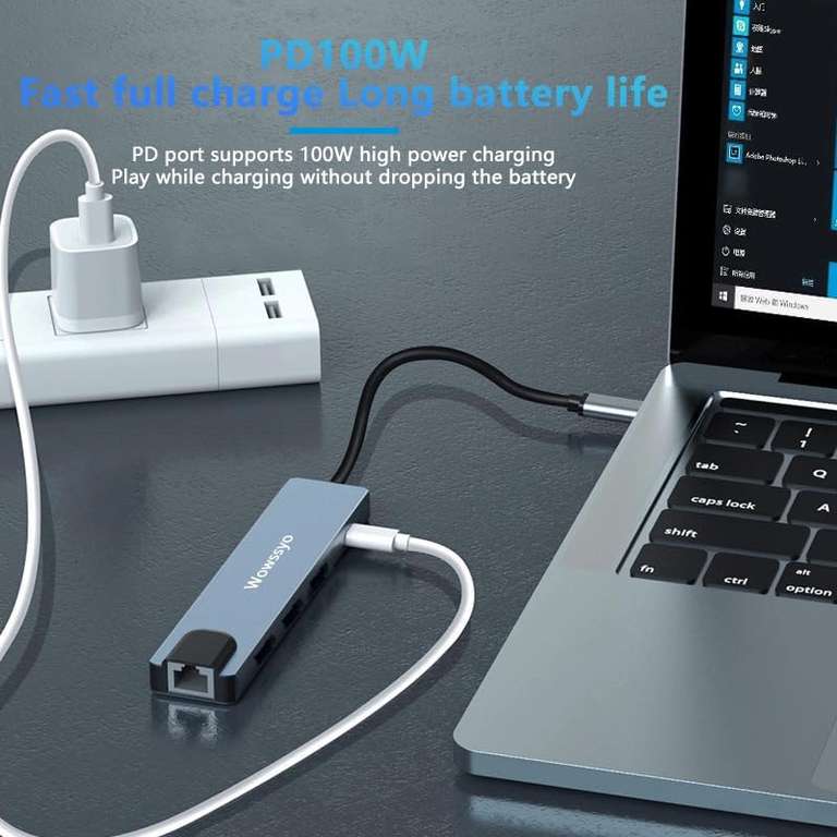 Hub USB Type-C Wowssyo 5 en 1 - RJ45, HDMI 4K, USB 3.0, USB 2.0, PD 100W (via coupon - Vendeur tiers)