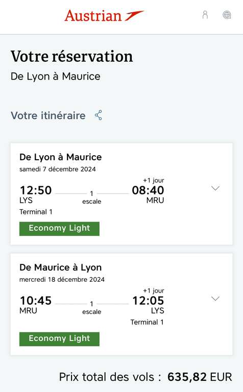 Vol Aller-retour Lyon (LYS) <-> Île Maurice (MRU) - Du 7 au 18 Décembre (Bagage cabine de 8 kg)