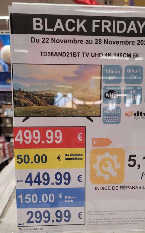 TV 58" Techwood TD58AND21BT - 4K UHD, Android TV (Via 150 € sur la carte de fidélité)