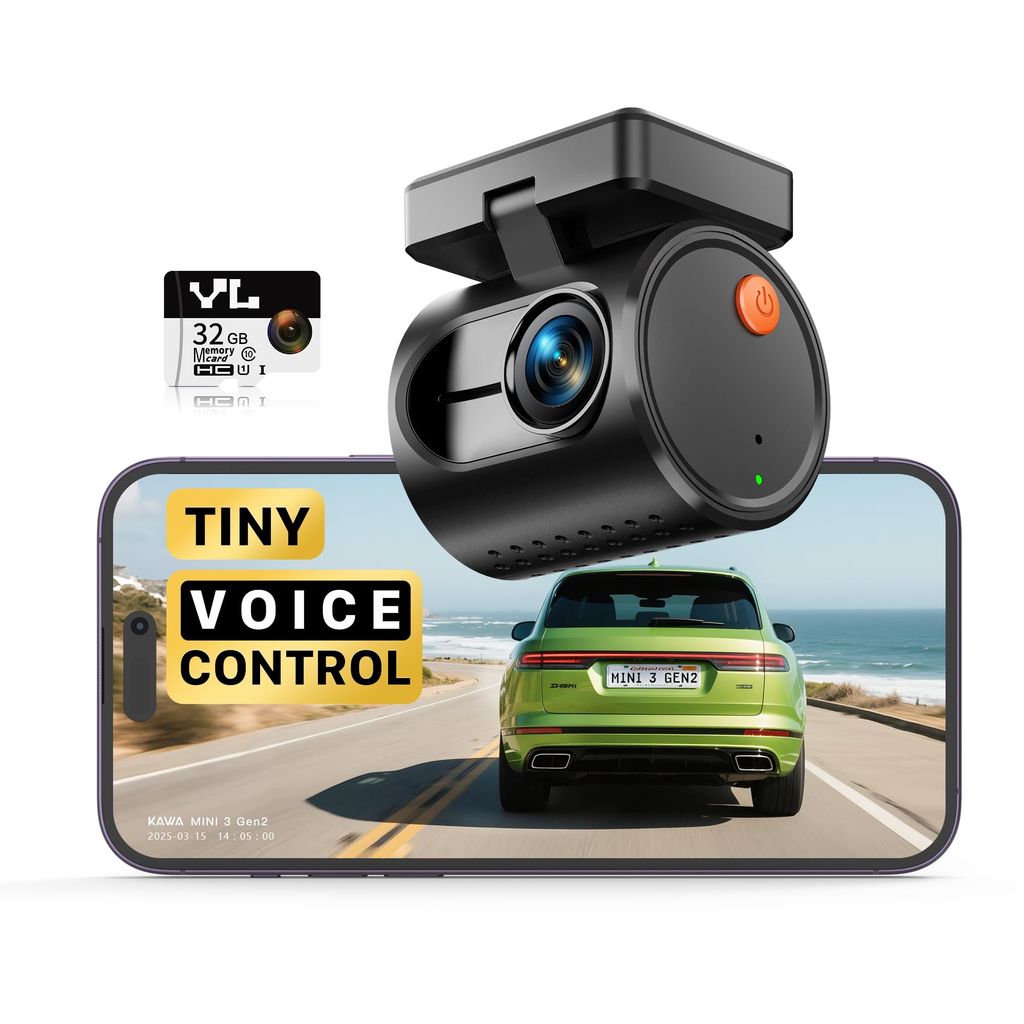Dashcam Kawa - Mini Caméra de Voiture 2K 1296P QHD, Commande Vocale (Via Remise Panier - Vendeur Tiers)