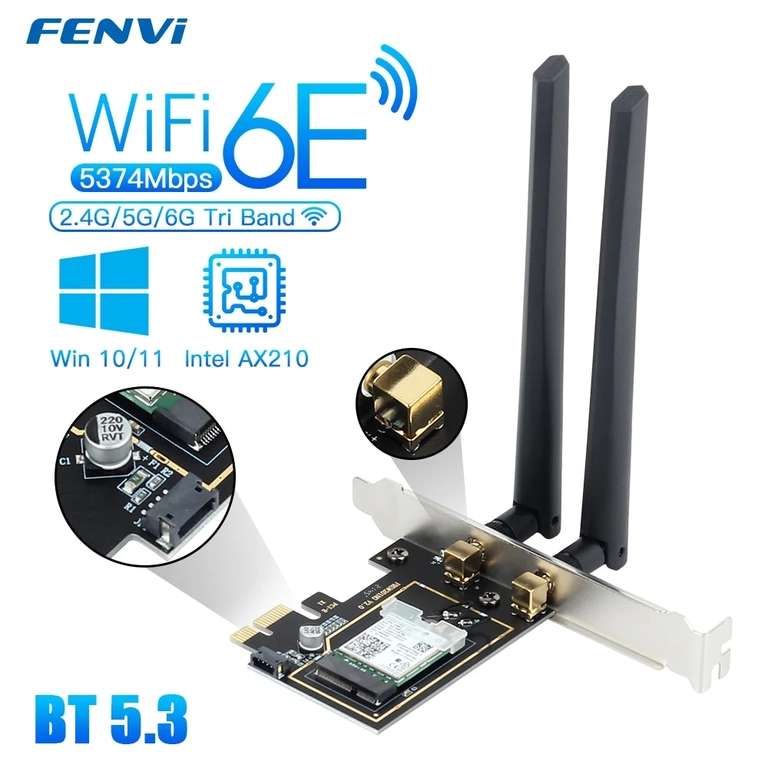 Carte WiFi 6E PCIe Fenvi Intel PCE-AX210 - 5374 Mbps, Tri-band 2.4/5/6 Ghz, Bluetooth 5.3