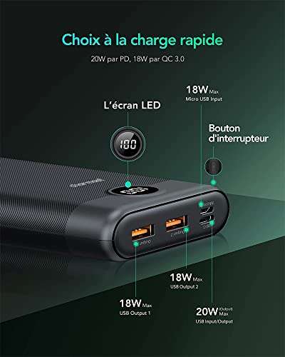 Batterie externe Charmast 30000 mAh - 1x USB-C 20W PD + 2x USB-A 18W QC 3.0 + 1x Micro USB, Affichage LED (Vendeur tiers)