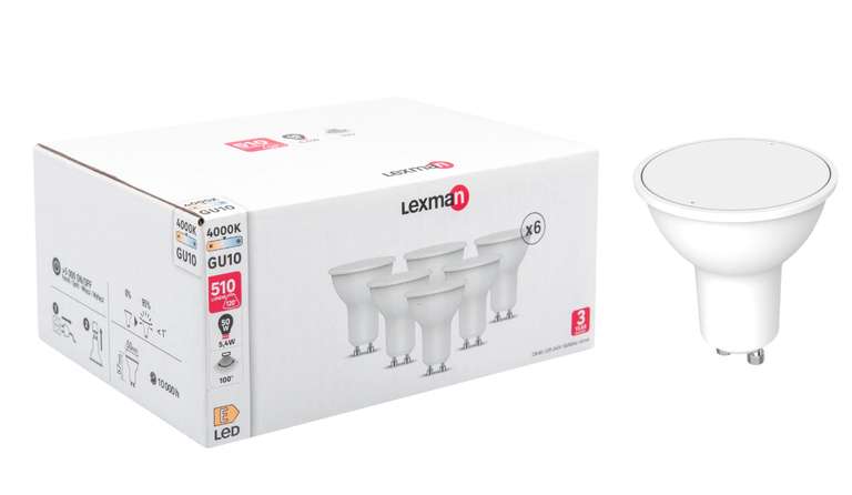 Lot de 6 ampoules LED Lexman réflecteur - GU10, 510Lm, 5.4W = 50W, blanc neutre 4000K (Retrait magasin uniquement)