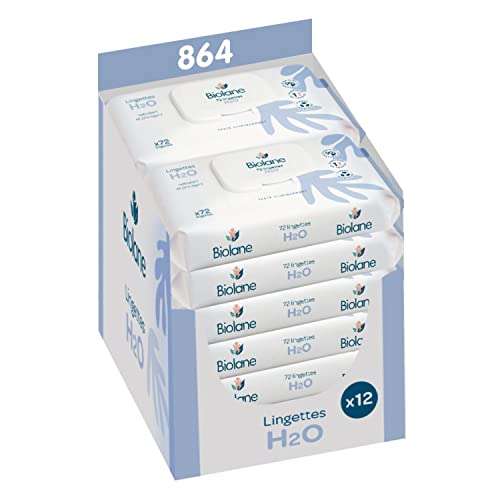 12 Paquets de 72 Lingettes nettoyantes Biolane H2O à l'eau pour bébé - 12x72 (864 lingettes)