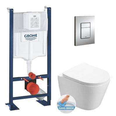 Pack WC Bâti autoportant Grohe + WC Swiss Aqua Technologies Infinitio sans bride + Plaque chrome