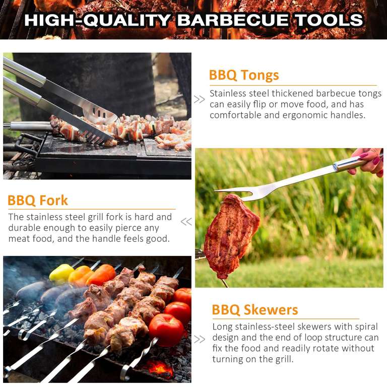 Kit Ustensiles et Accessoires pour Barbecue, 35 pièces en acier inoxydable, idéal pour pour Barbecue, Camping, Cadeau (Vendeur Tiers)