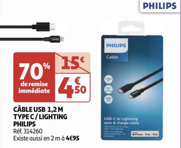 Câble USB-C vers Lightning Philips - 1,2 m