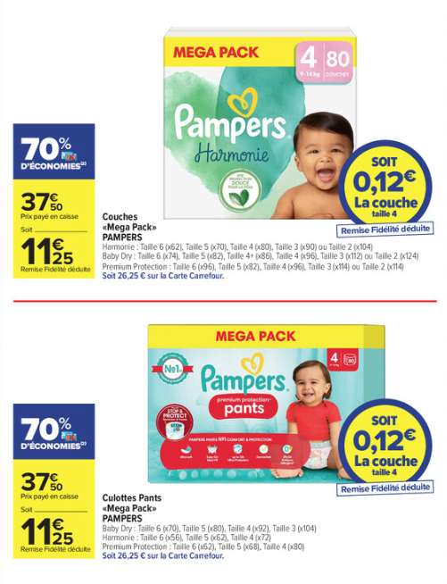 Paquet de couches Pampers Harmonie, baby dry ou premium protection - Différentes tailles disponibles (Via 26.25€ sur la carte + ODR)