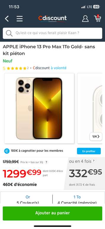 Smartphone 6.1" Apple iPhone 13 Pro Max - 1 To (+ 100€ à cagnotter pour les CDAV)