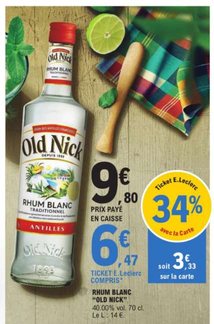 Bouteille de rhum blanc Old Nick - 70 cl (via 3,33€ sur la carte fidélité)