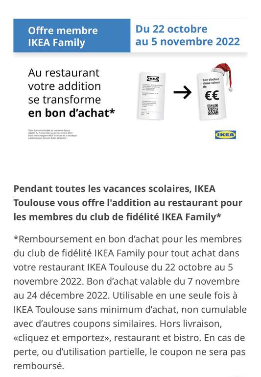 [Ikea Family] Addition du restaurant 100% remboursée en bon d'achat - Toulouse (31)