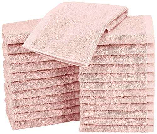 Lot de 24 petites serviettes Amazon Basics - Coton, 30 x 30 cm, Rose poudré ou blanc