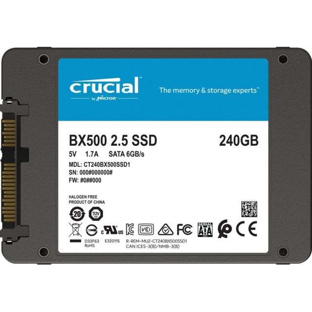 SSD Interne 2.5" Crucial BX500 CT240BX500SSD1 - 240Go (3D NAND, SATA)