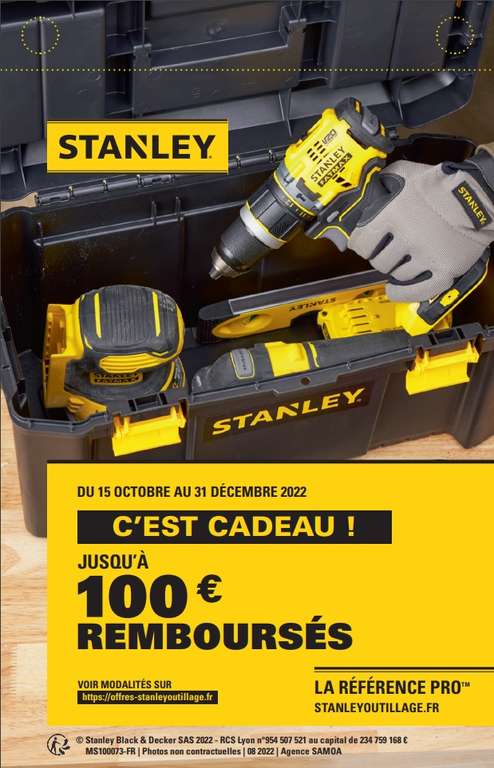 [ODR] Jusqu'à 100€ remboursés sur un ou plusieurs produits rangement ou électroportatifs de la marque Stanley (offres-stanleyoutillage.fr)
