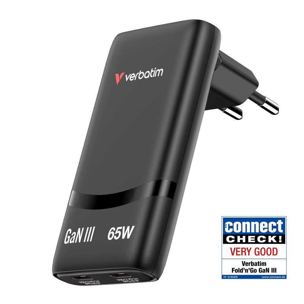 Chargeur rapide Verbatim Fold’n’Go GaN 65W, Chargeur Pliable USB-C, Adaptateur Secteur avec 2 Ports USB-C Power Delivery 3.0