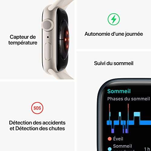 Montre connectée Apple Watch Series 8 GPS, Boîtier en Aluminium Argent de 45 mm, Bracelet Sport Blanc