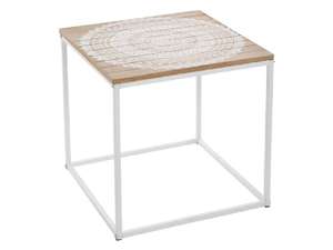Bout de canapé/Table basse Alya - 40 x 40 x 40 cm, Structure métal blanche, Plateau décoré finition chêne clair