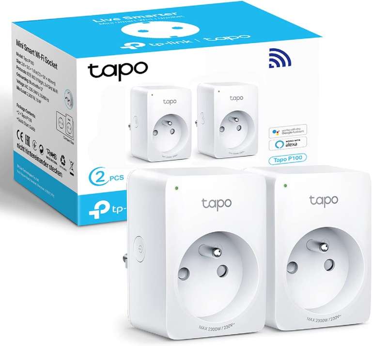 Pack de 2 Prises connectées WiFi TP-Link Tapo P100(FR) - 10A, Type E, Compatible Alexa & Google Home