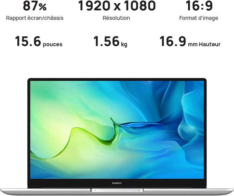 PC Portable 15.6" Huawei MateBook D15 (2021) - FHD IPS, i5-1135G7, RAM 8 Go, SSD 512 Go, Iris Xe, WiFi 6, Capteur d'empreinte, Windows 11