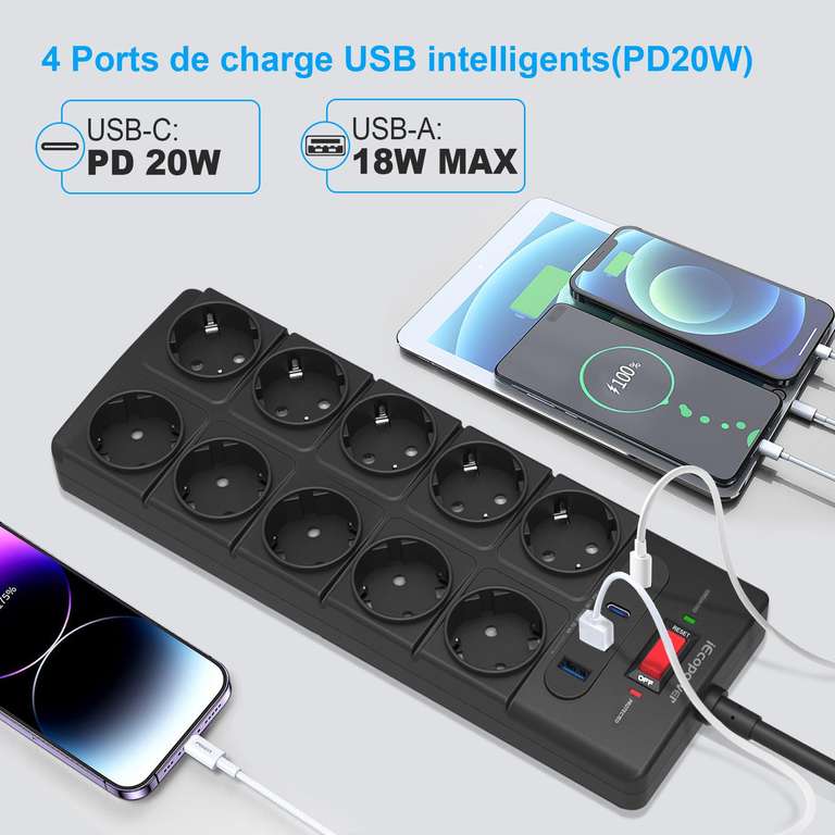 Multiprise IEcopower - 10 Prises, 2x ports USB, 4000W/16A, Parafoudre, Câble d'extension de 2M (Vendeur tiers - via coupon)