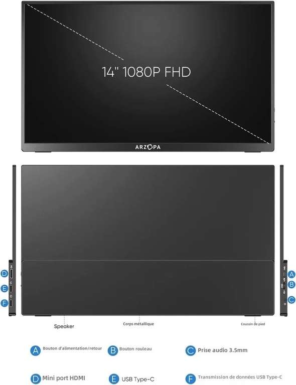 Moniteur portable 14" Arzopa A1 Gamut Slim - Full HD, HDR, noir
