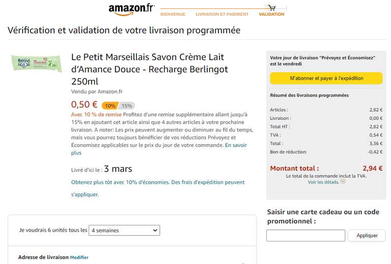 6 Recharges Le Petit Marseillais Savon Crème Lait- 6x250ml (Via abonnement)