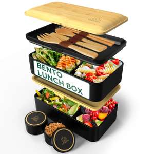 Bento Lunch Box Umami - 2 Pots à sauce & couverts en bois inclus, Lunchbox micro-ondable 1200ml (Vendeur Tiers)