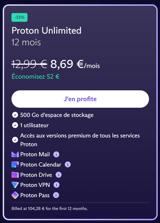 [Nouveaux Comptes] Sélection d'offres promotionnelle Proton : Abonnement 12 Mois Proton Unlimited à 8,69€/Mois