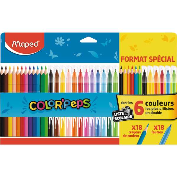Boite de 18 crayons de couleurs + 18 feutres Maped (Via 2.80€ sur la carte fidélité)