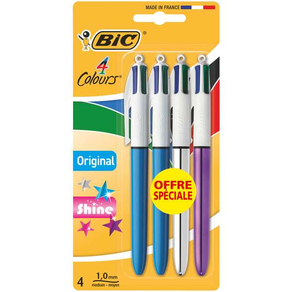 Lot de 4 stylos Bic 4 couleurs - 2 Original + 2 Shine (via 3,29€ sur carte fidélité)