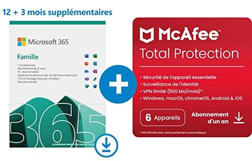 Abonnement 15 Mois Microsoft 365 Famille - 6 utilisateurs + 12 Mois McAfee Total Protection PC/MAC/Tablette/Smartphone (Dématérialisé)