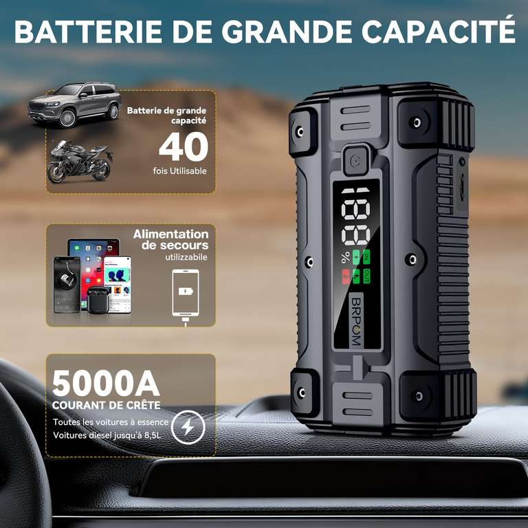 Booster Batterie Brpom - 5000A, 26800mAh Jusqu’à 8.5L Diesel & Tout essence, QC 3.0 (Vendeur Tiers)