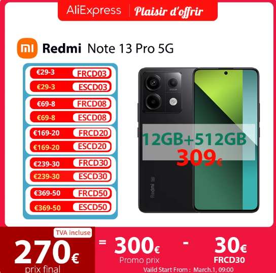 Smartphone 6.67" Xiaomi Redmi Note 13 Pro 5G - 256 Go, 8Go Ram, Amoled 120Hz, Snapdragon 7s Gen2, 200MP, 67W (Vendeur Tiers)