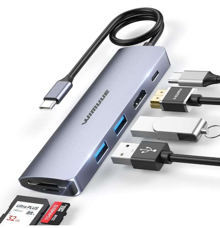 Hub USB type-C 7 en 1 Wimuue - HDMI 4K, 2 ports USB 3.0, SD et Micro SD, USB-C 100W (vendeurs tiers)