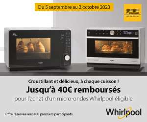 20€ à 40€ remboursés pour l'achat d'un micro-ondes Whirlpool (via ODR)