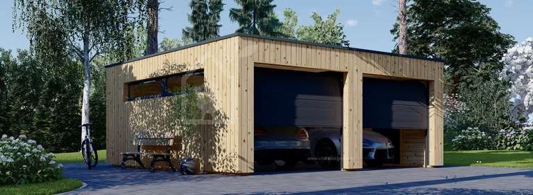Garage en bois double à toit plat Silvia Duo F (34 mm + bardage), 6x6 m, 36 m² (chaletdejardin.fr)