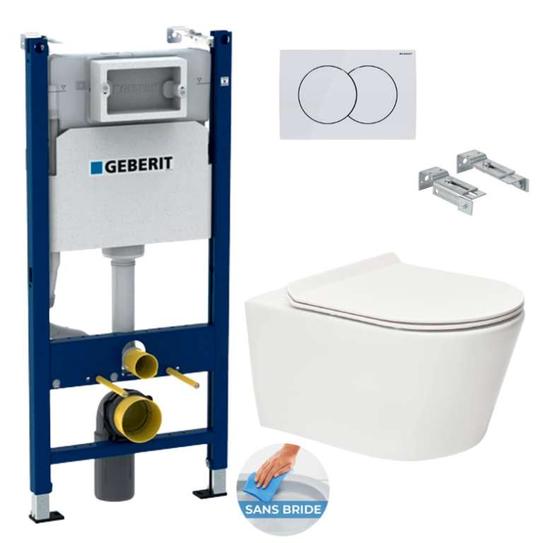 Pack Geberit : Bâti-support 112cm + WC sans bride SAT Brevis + Abattant ultra-fin, softclose + Plaque blanche (BrevisGeb3)