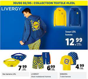 Collection textile Lidl à petits prix - ex : Sweat homme Lidl, bleu ou jaune