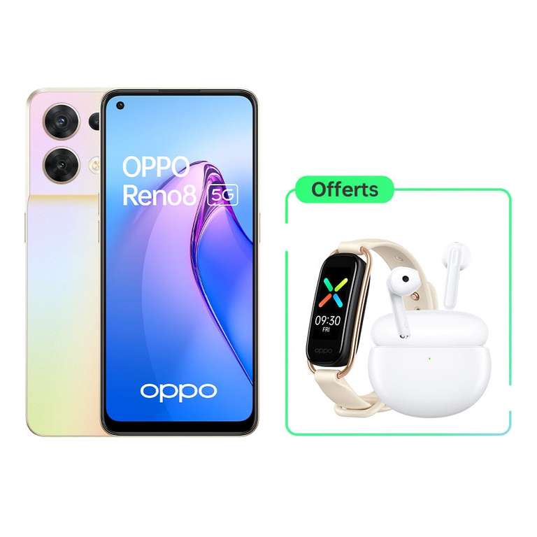 Smartphone 6.43" Oppo Reno 8 5G (8 Go RAM, 256 Go) + Écouteurs Enco Air 2 + bracelet connecté OPPO Band Style Vanille (Via ODR de 50€)