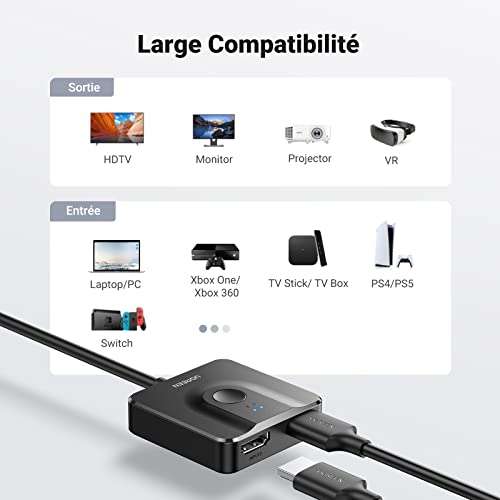 Switch HDMI UGREEN 4K 60Hz avec câble HDMI (vendeur tiers - via coupon) –