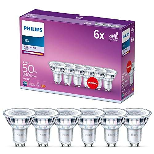 Lot de 6 Ampoules spot Philips Lighting LED classique GU10 en verre Blanc froid, 4.6 W équivalent à 50 W