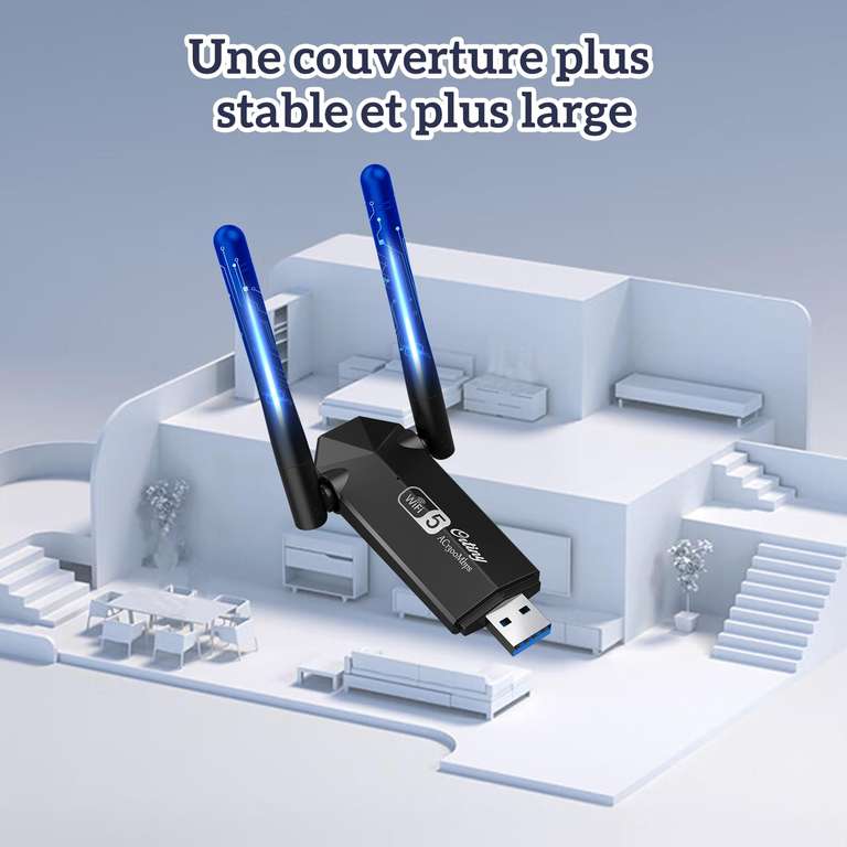 Clé WiFi Ortiny AC1300 - Dongle WiFi 2,4/5GHz, Compatible Windows 10/11/MAC (Vendeur tiers)