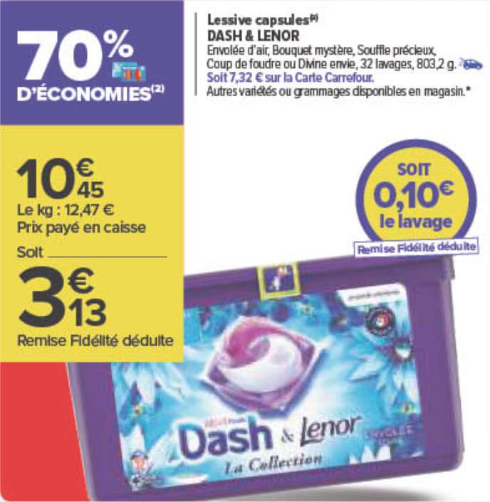Boite de 32 capsules de lessive Dash & Lenor - Différentes variétés, 32 lavages (via 7.32€ sur Carte Fidélité + 10€ offerts en bon d'achat)