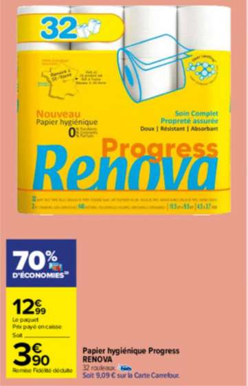 Paquet de 32 rouleaux de papier hygiénique Renova (via 9,09€ sur la carte de fidélité)