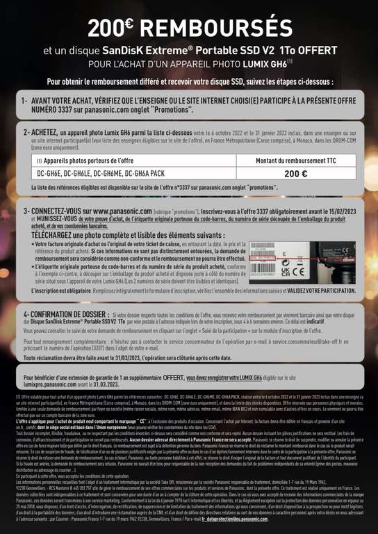 [ODR] 200€ remboursés + SSD externe SanDisK Extreme V2 1 To + 1 an extension garantie pour tout achat d'un Lumix GH6 (panasonic.com)